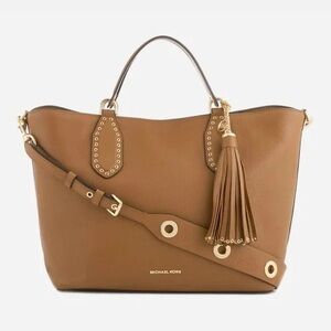 Michael Kors Brooklyn Brown Pebbled Genuine Leather Satchel Gold Tassel Accents